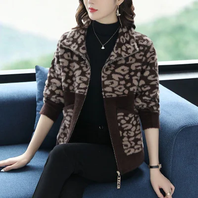 Cardigan en velours Imitation Sable pour femme, manteau à col rabattu, pull en vison, léopard, fermeture éclair, nouvelle collection hiver 2023