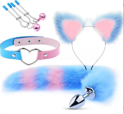 Rose et Bleu Renard Cosplay 3 PCS Ensemble Pince À Cheveux Fourrure Anal Queue Plug Renard Tailand Collier Ras Du Cou Mascarade Halloween Costume Cosplay