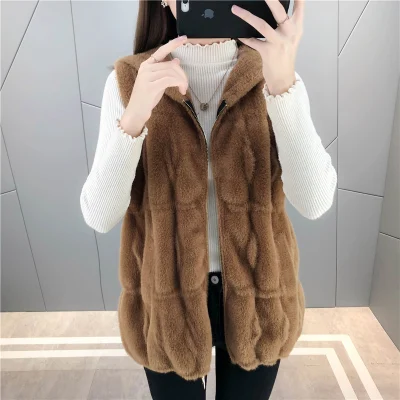 Vêtements d'extérieur à capuche en peluche pour femme, gilet ample, Imitation vison, velours, manteau tricoté avec Clip, nouvelle collection automne et hiver 2023