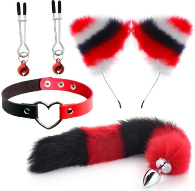 Noir Blanc et Renard Rouge Cosplay 3 PCS Ensemble Pince À Cheveux Fourrure Anal Queue Plug Renard Tailand Collier Ras Du Cou Mascarade Halloween Costume Cosplay