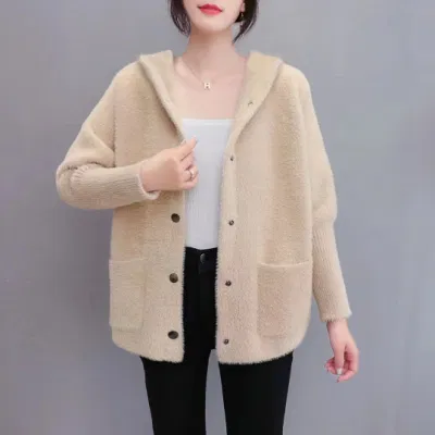 Cardigan à capuche en velours de vison pour femme, pull de couleur unie, court, ample et épais, manteau en velours de vison, nouvelle collection automne et hiver 2023