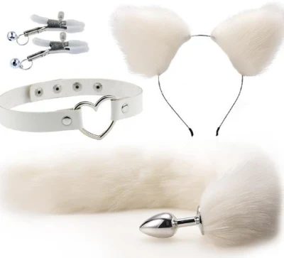 Ensemble de 3 pièces de Cosplay de renard blanc, pince à cheveux, bouchon de queue anale en fourrure, collier ras du cou, mascarade, Costume d'halloween, Cosplay