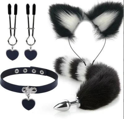 Blanc et Noir Renard Cosplay 3 PCS Ensemble Pince À Cheveux Fourrure Anal Queue Plug Renard Tailand Collier Ras Du Cou Mascarade Halloween Costume Cosplay