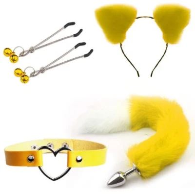 Jaune et Blanc Renard Cosplay 3 PCS Ensemble Pince À Cheveux Fourrure Anal Queue Plug Renard Tailand Collier Ras Du Cou Mascarade Halloween Costume Cosplay