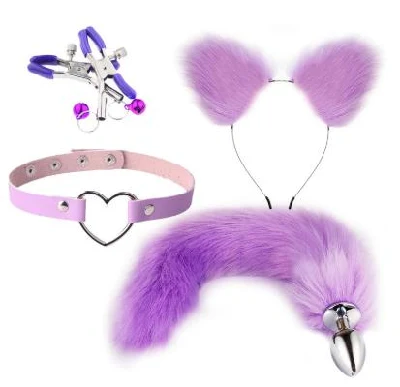 Ensemble de 3 pièces de Cosplay de renard violet, pince à cheveux, bouchon de queue anale en fourrure, collier ras du cou, mascarade, Costume d'halloween, Cosplay